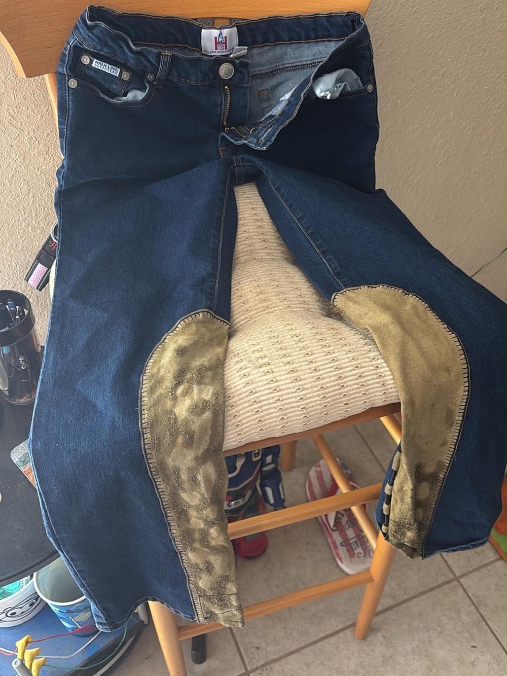 Dark Indigo Denim Jeans with Gold Metallic Knee Panels high line outfitter/vin